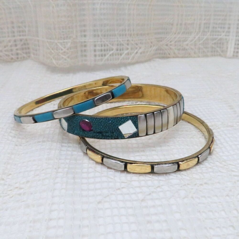 Set of 3 Bangle Bracelets With Gold, Silver, Turquoise Accents Boho Western